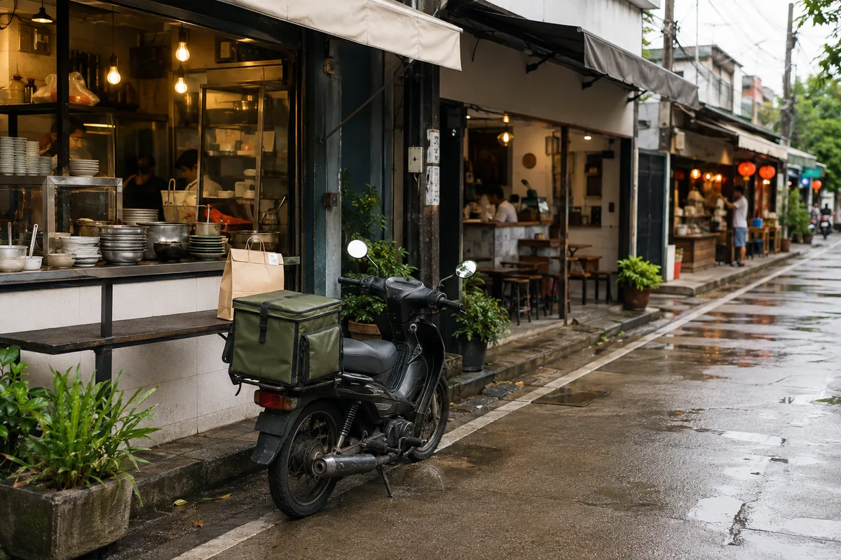 ภาพ AI: มอเตอร์ไซค์ส่งอาหารจอดหน้าร้านอาหารหลายร้านในซอยกรุงเทพฯ