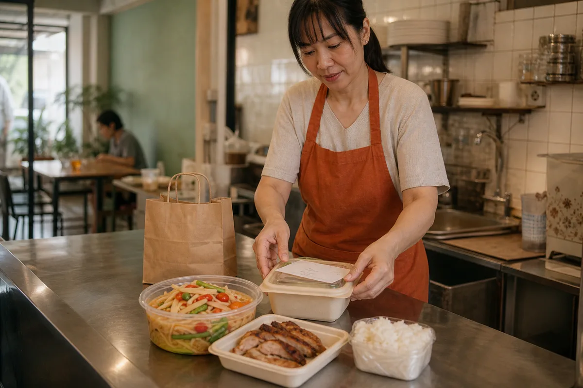 ภาพ AI: เจ้าของร้านอาหารไทยเตรียมอาหารใส่กล่องบนเคาน์เตอร์